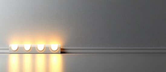 Poster - Modern Energy Efficient Power Strip with Warm Indicator Light on Polished White Table Against Soft Gray Wall with Copy Space for Text