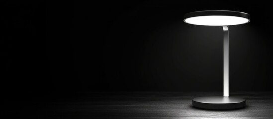 Poster - Dark Minimalist Lamp Concept for Energy Harvesting with Soft White Lighting on Black Wooden Surface and Empty Space for Text Inclusion