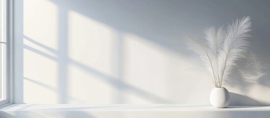 Poster - Minimalist Pastel Interior with Soft Shadows and Feather Tree in White Vase on Windowsill with Empty Copyspace for Text