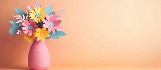 Poster - Colorful Paper Flowers in a Pink Vase on Warm Peach Background with Empty Space for Text Creative Craft Decoration and Floral Arrangement Concept