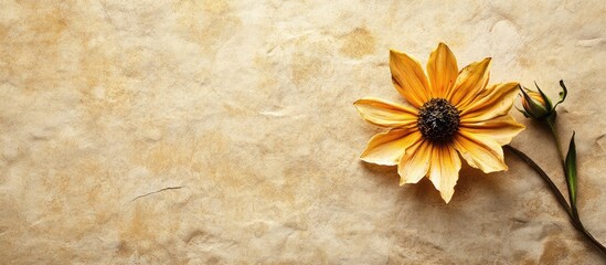 Poster - Yellow Flower on Textured Beige Surface with Copy Space for Design and Creative Applications in Warm Natural Tones