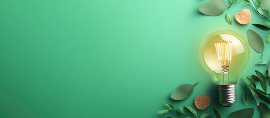 Poster - Energy Efficient Light Bulb on Vibrant Green Background with Natural Elements for Sustainable Living and Eco-Friendly Concept