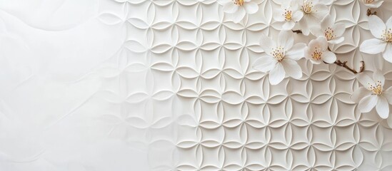 Poster - Intricate Flower of Life Pattern in Soft White with Delicate Floral Accents and Ample Copy Space for Text Communication