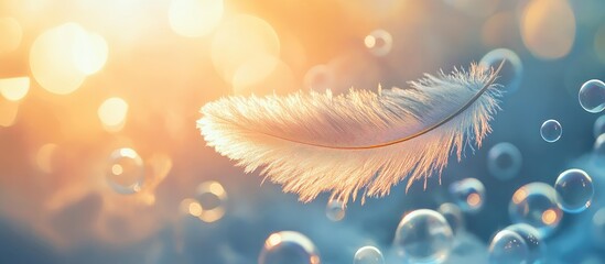 Poster - Delicate white feather suspended amid shimmering bubbles in a misty blue and orange backdrop with serene empty copyspace for text.