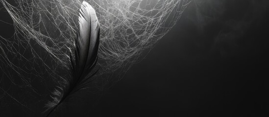 Poster - Delicate Black Feather with Ethereal Cobweb Light and Shadow on Dark Background Creating Copyspace for Text and Design Elements