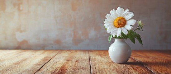 Poster - Delicate white daisy flower in a ceramic vase on a rustic wooden table in a softly lit room with a textured beige wall and ample empty copy space.