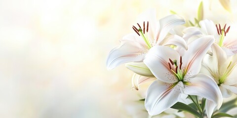 Wall Mural - Elegant bouquet of soft white and pink lilies arranged artistically in a bright indoor setting with a serene blurred background and empty copy space