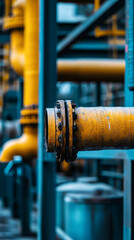 Poster - Close-up of yellow gas pipe with flange connection, representing industrial pipeline system in a processing plant