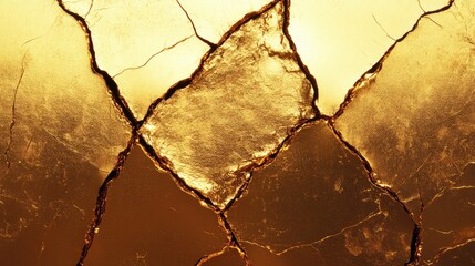 Poster - Close-up texture of golden cracked foil on metallic gold background with empty copy space for text and detailed surface imperfections.