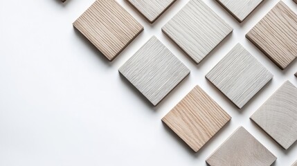 Poster - Top view of wooden squares in varying light tan and beige shades on white background with ample copy space for design options or steps.