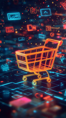 Aufkleber - Digital glowing shopping cart representing e-commerce innovation in virtual marketplace