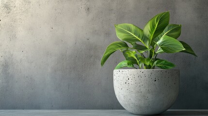 Poster - minimalist concrete flowerpot with vibrant green leaves on gray textured background showcasing elega
