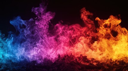 Poster - Vibrant gradient of colorful smoke swirling above dark charred embers creating a dramatic background with empty space for text in a contrasting environment.