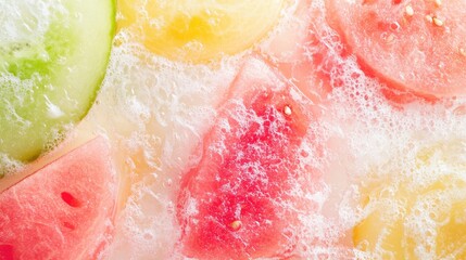 Poster - Vibrant Closeup of Fresh Watermelon and Melon Slices in Yellow and Pink Shades on a Light Background for Summer Refreshment Concepts with Space for Text