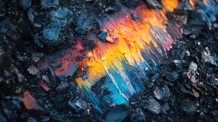 Poster - Colorful remnants of extinguished fire showcasing vibrant orange blue and yellow hues among charred black embers with ample empty space for text