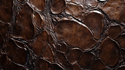 Poster - Closeup of textured glossy brown crocodile skin patterns on dark background with ample empty copy space for text and design elements