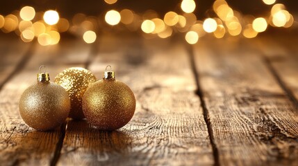 Poster - Glittering golden Christmas ornaments with bokeh lights on rustic wooden surface creating a warm festive atmosphere for holiday celebrations