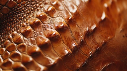 Poster - Glossy brown crocodile skin closeup showcasing intricate reptilian patterns on textured background with ample empty space for text overlay.