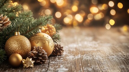 Poster - Glittering golden Christmas ornaments and star-shaped bokeh on rustic wooden surface with green pine branches and empty space for festive text