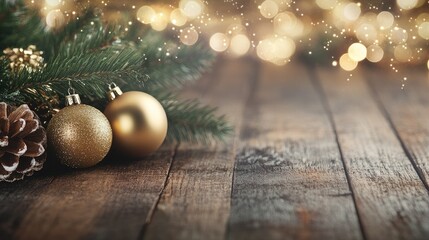 Poster - glittering golden christmas ornaments and star light bokeh on rustic wooden table creating a festive