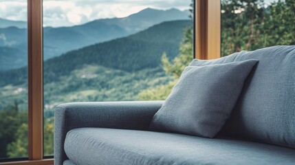 Poster - Closeup of Grey Sofa in Bright Living Room with Panoramic Mountain View and Empty Copy Space for Text in Natural Light