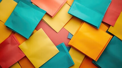 Poster - vibrant flatlay of assorted colorful shopping paper bags in yellow blue green and red on white backg