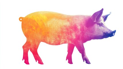 Poster - Colorful gradient silhouette of a playful pig in vibrant orange and pink hues on a white background with ample copy space for creative text.