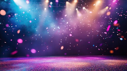 Poster - Vibrant concert stage with multicolored lighting and cascading confetti, featuring a dynamic empty space for custom text in a festive atmosphere