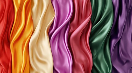 Poster - Textured Silk Satin Drapery in Vibrant Shades of Orange Yellow Brown Gray Red Purple Green with Space for Text Overlay in Studio Setting