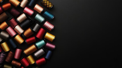 Poster - Vibrant Assortment of Colorful Silk Threads in Spools on Black Background with Ample Copy Space for Text and Design Elements