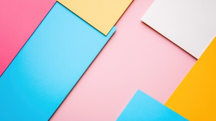 Poster - pastel colored geometric shapes arrangement on soft pink background with blue yellow and white eleme