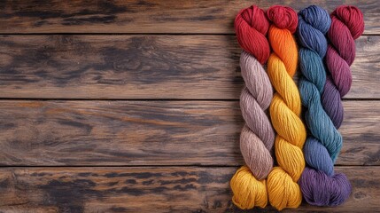 Poster - Vibrant skeins of multicolored yarn in red, orange, yellow, purple, and beige arranged on rustic wooden table, featuring ample empty space for text.