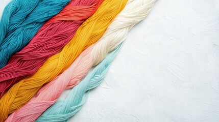 Poster - Vibrant Arrangement of Colorful Yarn Skeins in Pink, Yellow, Red, White, and Blue on Soft Textured White Background for Arts and Crafts Design
