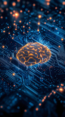 Leinwandbilder - Glowing AI brain hovering above circuit board, processing digital information, representing neural network technology