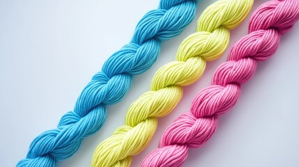 Poster - Vibrant Blue Yellow and Pink Yarn Skeins for Arts and Crafts on Clean White Background with Ample Copy Space for Creative Designs