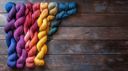 Poster - Colorful skeins of yarn in vibrant shades of purple, pink, orange, yellow, and teal arranged on rustic wooden table with space for text