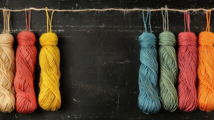 Poster - Colorful skeins of yarn hanging on twine against a dark wooden background showcasing vibrant hues of orange, blue, yellow, pink, and beige for artistic creations.