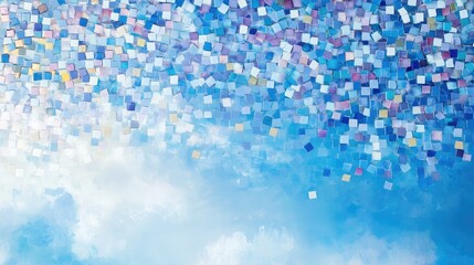 Poster - colorful mosaic tiles in shades of blue and purple creating a cloudy sky background with empty space