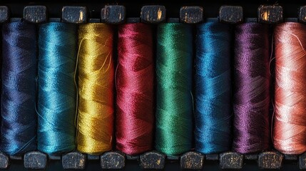 Poster - Colorful silk threads in vibrant spools arranged neatly on a wooden surface with ample copy space for creative design and text integration.