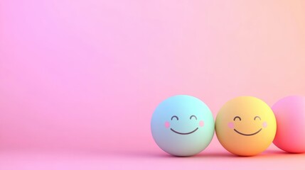 Poster - colorful pastel smiley faces in soft pink and blue tones on a gradient backdrop with ample space for