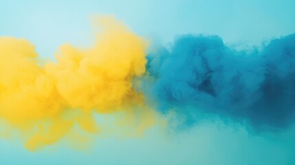 Poster - Vibrant Yellow and Blue Smoke Swirls Against Soft Aqua Background with Ample Copy Space for Text Creation