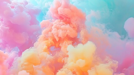 Poster - Vibrant Multicolored Smoke Background in Soft Pastel Shades of Pink, Orange, and Blue Perfect for Creative Video Transitions and Text Placement