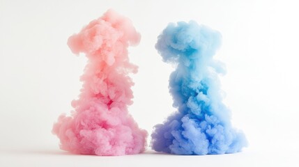 Poster - Vibrant pink and blue smoke clouds rising against a clean white background with ample copy space for creative text and designs