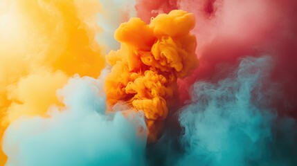 Poster - vibrant colorful smoke in shades of orange, pink, and turquoise swirling against a soft background, 