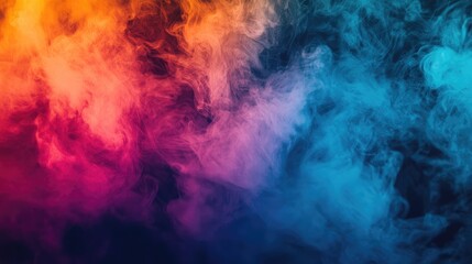Poster - Vibrant Multicolored Smoke Swirls in Shades of Orange Pink and Blue Against Dark Background with Empty Copy Space for Relaxation and Hookah Themes