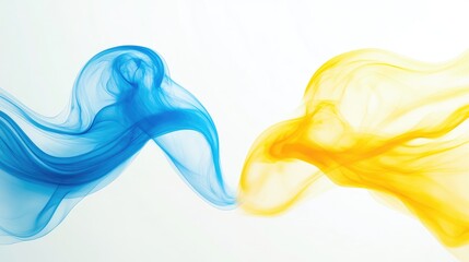 Fototapete - Colorful Blue and Yellow Smoke Waves Flowing Gracefully Against a Soft White Background Creating a Dynamic Conceptual Space for Text