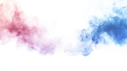 Fototapete - Vibrant pink and blue smoke swirling across a clean white background in a wide panorama, offering ample space for text and creative design elements.
