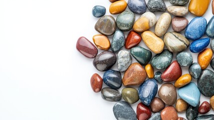 Poster - vibrant assorted smooth stones in various colors stacked on bright white background with empty copy 