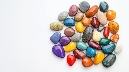 Poster - Assorted Colorful Smooth Stones Stacked in Vibrant Hues on White Surface with Ample Copy Space for Textual Content
