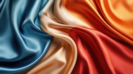 Poster - Vibrant silk fabric waves in blue, cream, orange, and red hues, showcasing a lifelike texture with ample empty space for elegant text presentation